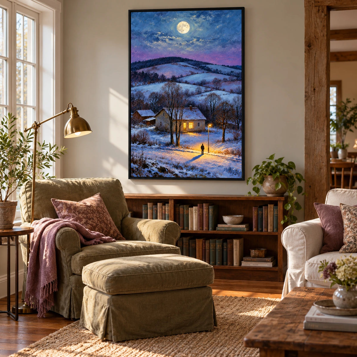 Moonlit Snowy Cottage Oil Painting | Warm Windows Lone Figure and Winter Hills Vertical Landscape Wall Art #OA 1658