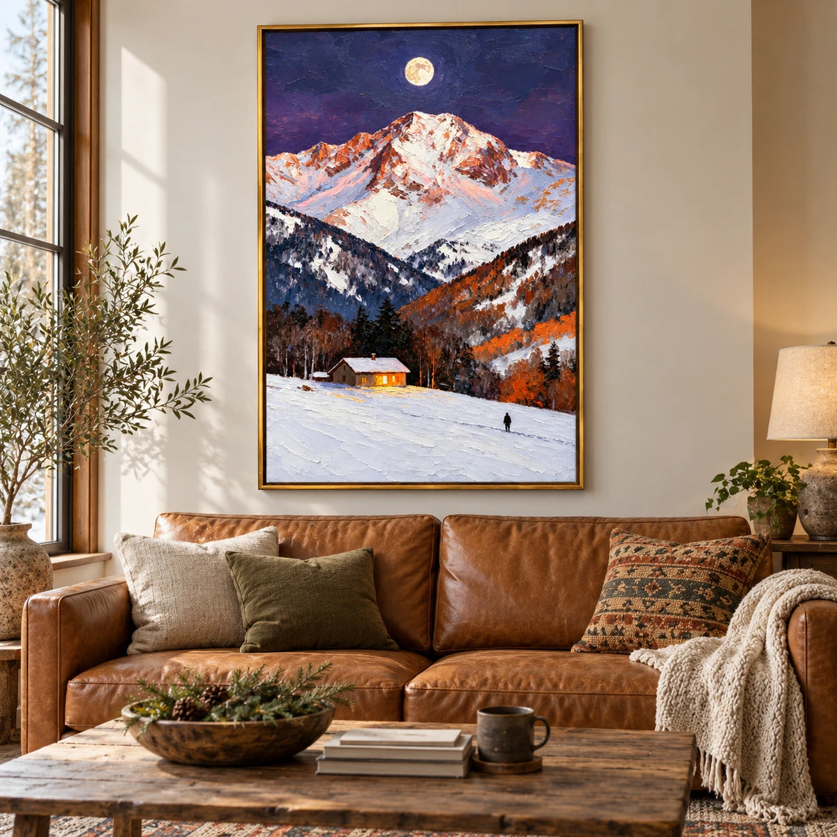 Moonlit Snowy Mountain Cabin Oil Painting | Glowing Window Lone Figure and Autumn Trees Vertical Alpine Landscape Wall Art #OA 1731