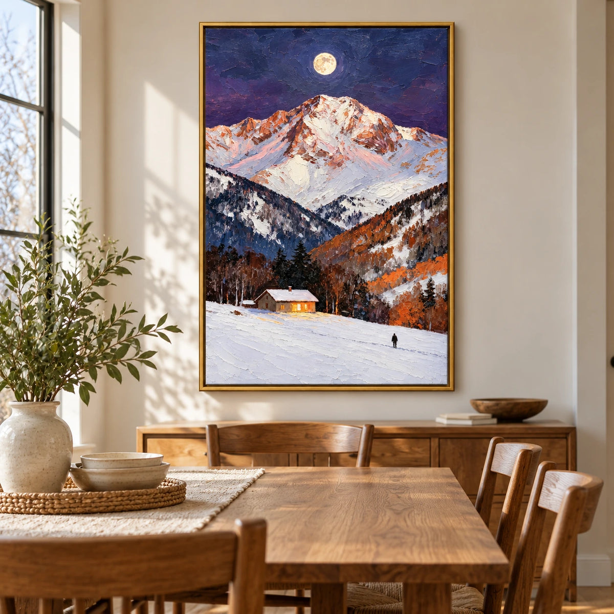 Moonlit Snowy Mountain Cabin Oil Painting | Glowing Window Lone Figure and Autumn Trees Vertical Alpine Landscape Wall Art #OA 1731