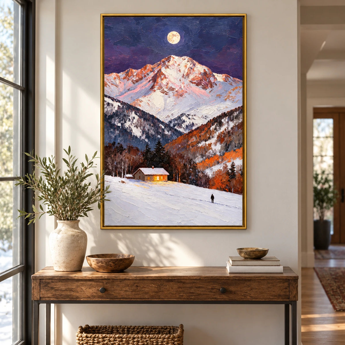Moonlit Snowy Mountain Cabin Oil Painting | Glowing Window Lone Figure and Autumn Trees Vertical Alpine Landscape Wall Art #OA 1731