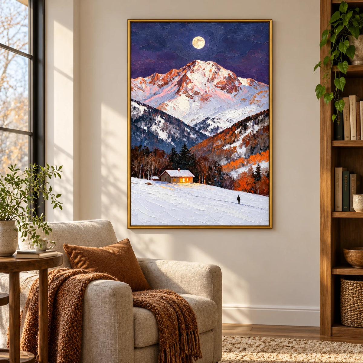 Moonlit Snowy Mountain Cabin Oil Painting | Glowing Window Lone Figure and Autumn Trees Vertical Alpine Landscape Wall Art #OA 1731