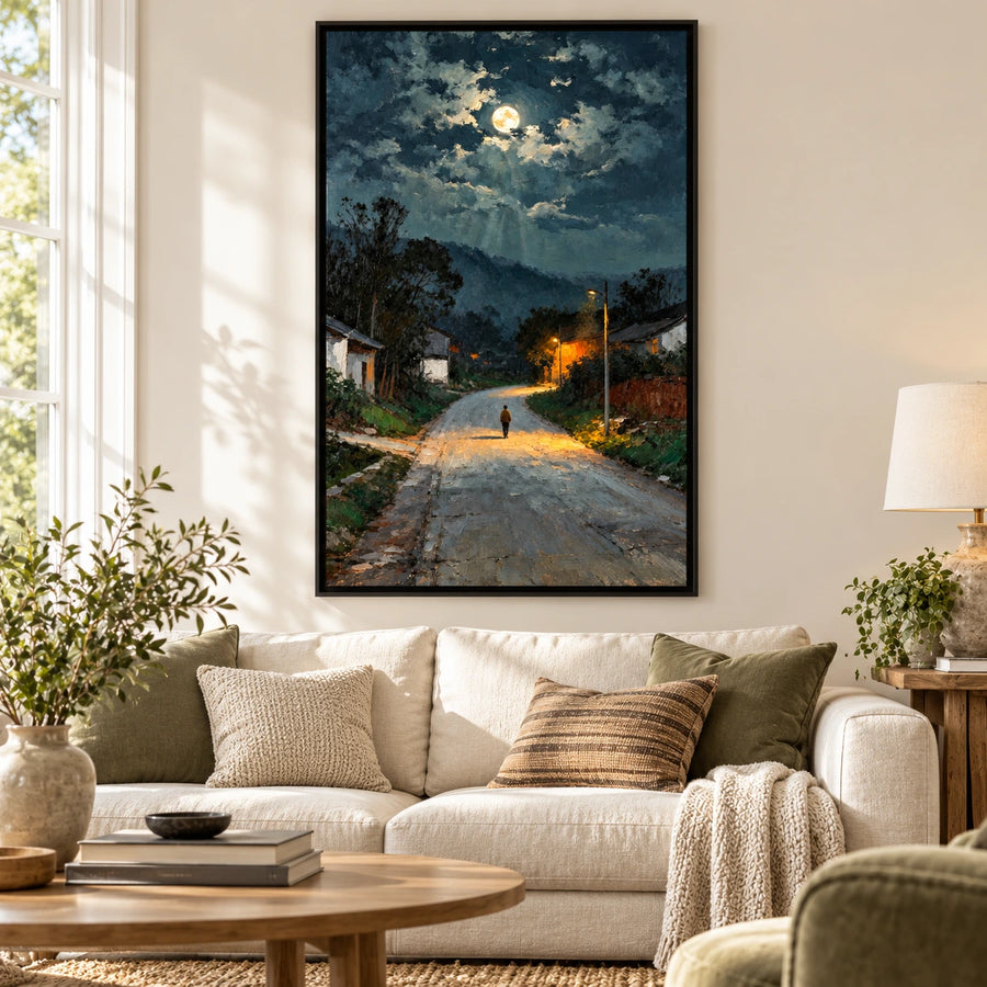 Moonlit Village Road Oil Painting | Lone Figure and Warm Streetlights Textured Night Landscape Vertical Wall Art #OA 1645