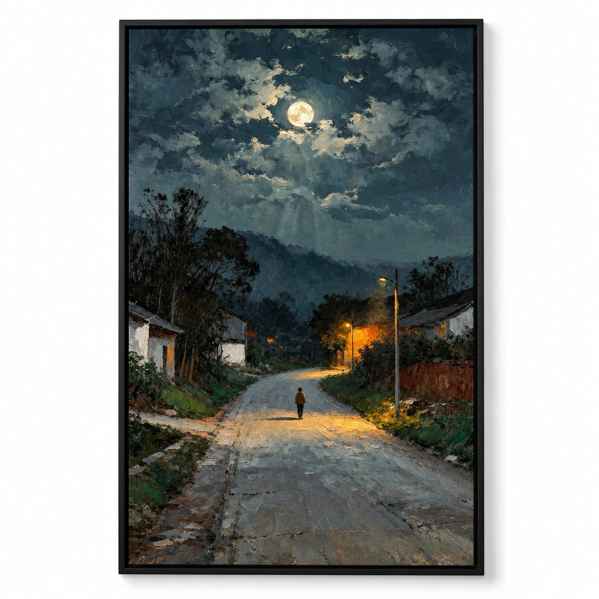 Moonlit Village Road Oil Painting | Lone Figure and Warm Streetlights Textured Night Landscape Vertical Wall Art #OA 1645