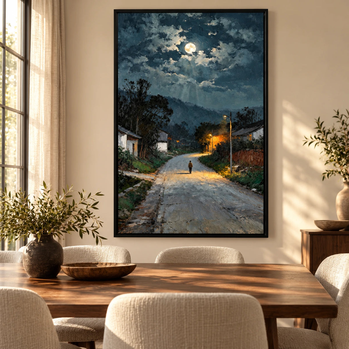 Moonlit Village Road Oil Painting | Lone Figure and Warm Streetlights Textured Night Landscape Vertical Wall Art #OA 1645
