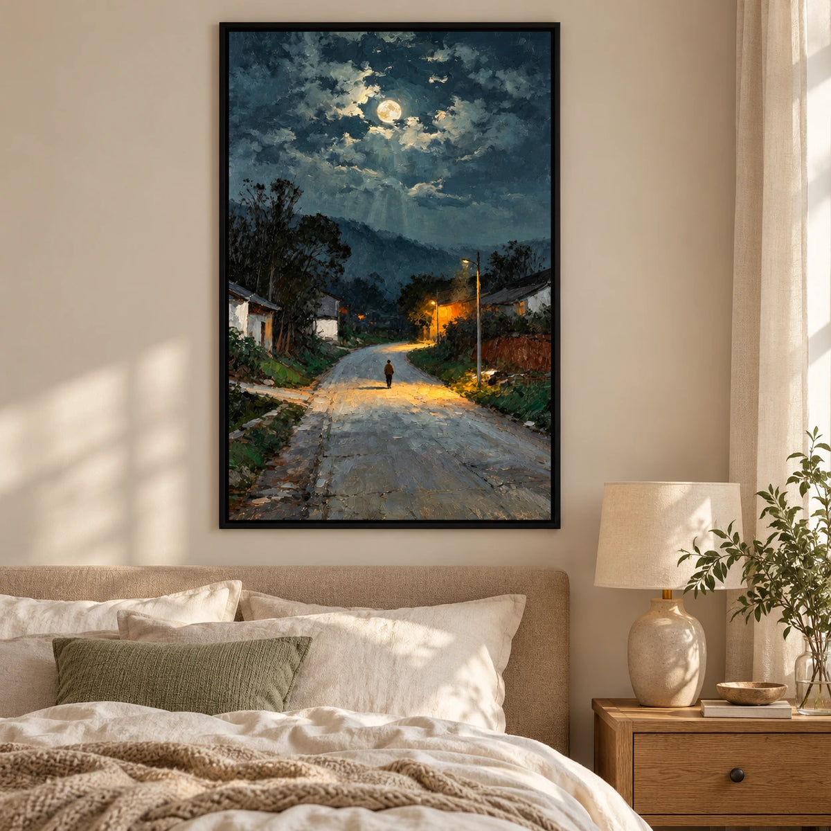 Moonlit Village Road Oil Painting | Lone Figure and Warm Streetlights Textured Night Landscape Vertical Wall Art #OA 1645