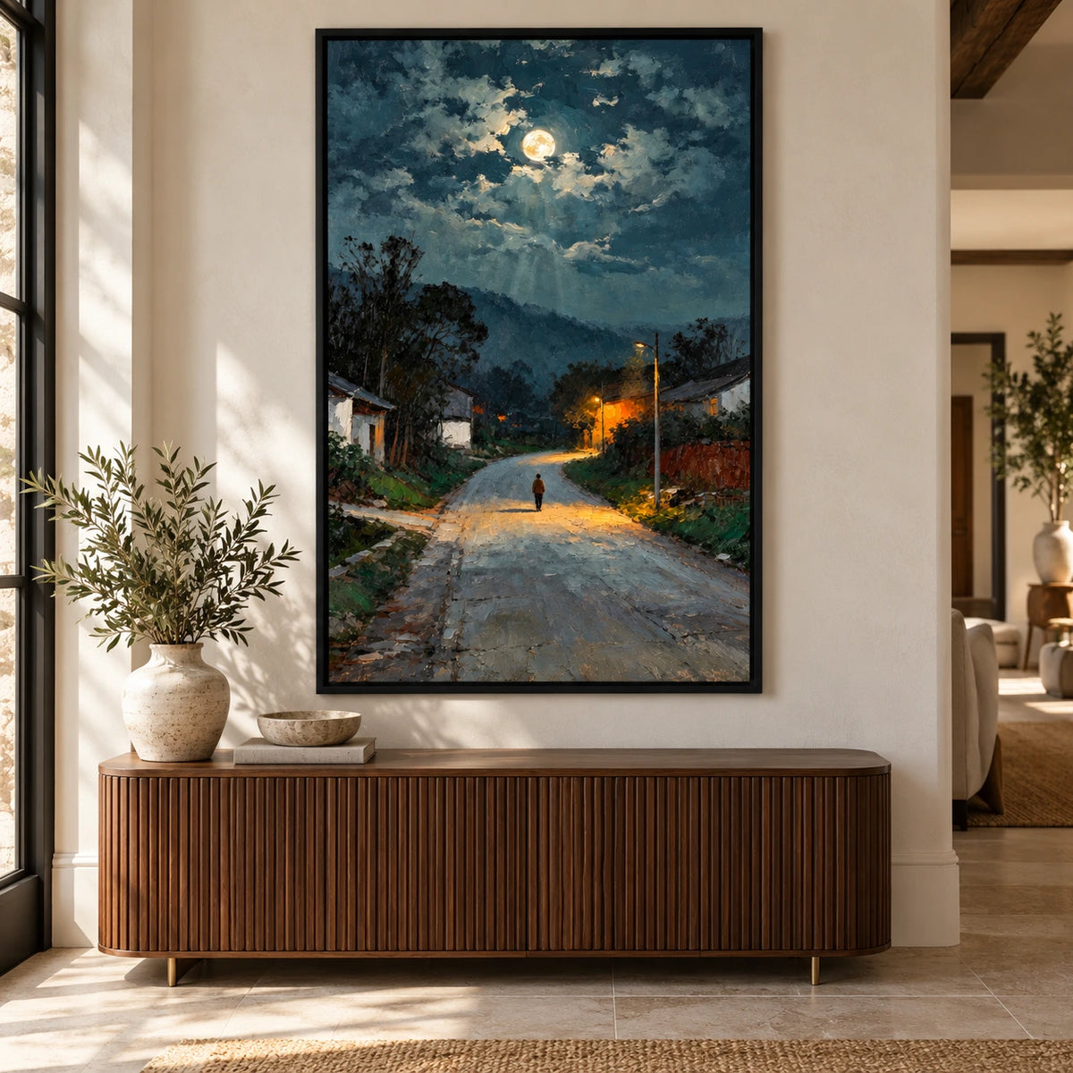 Moonlit Village Road Oil Painting | Lone Figure and Warm Streetlights Textured Night Landscape Vertical Wall Art #OA 1645