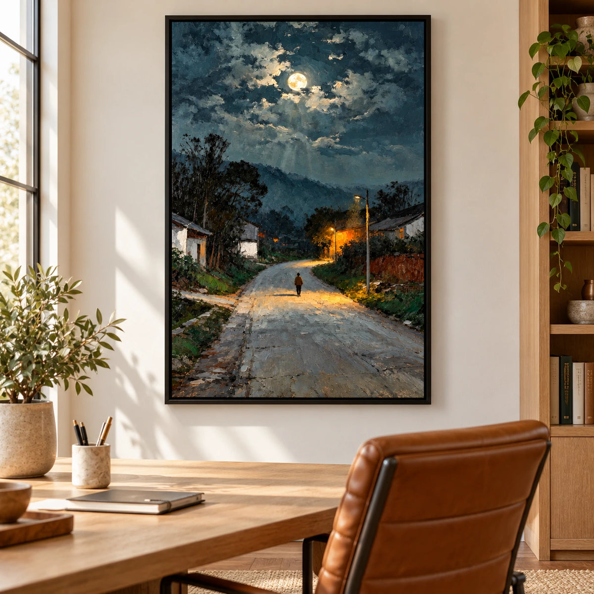 Moonlit Village Road Oil Painting | Lone Figure and Warm Streetlights Textured Night Landscape Vertical Wall Art #OA 1645