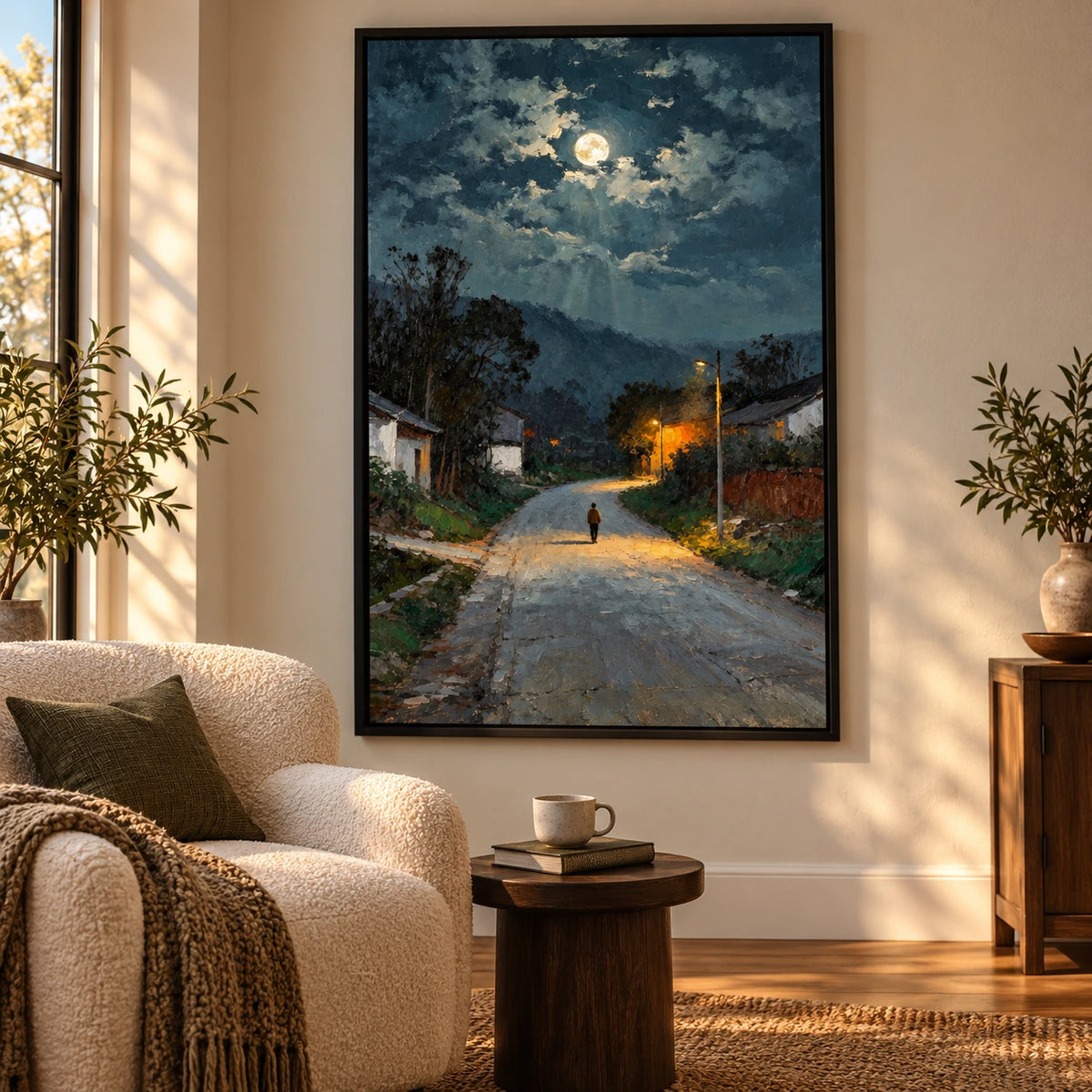 Moonlit Village Road Oil Painting | Lone Figure and Warm Streetlights Textured Night Landscape Vertical Wall Art #OA 1645