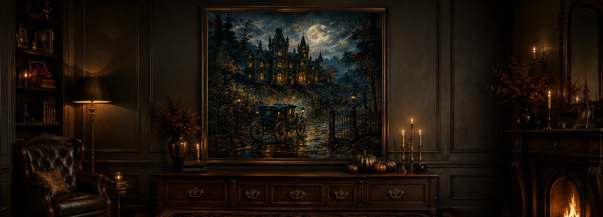 Large hand-painted gothic night landscape oil painting featuring a moonlit Victorian mansion, antique horse carriage and autumn forest, displayed above a dark wood console in a moody luxury living room.