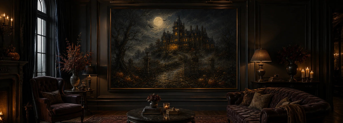 Large horizontal hand-painted gothic landscape oil painting featuring a moonlit haunted mansion, wrought iron gates, winding stone path and pumpkins, displayed in a dark luxury living room.