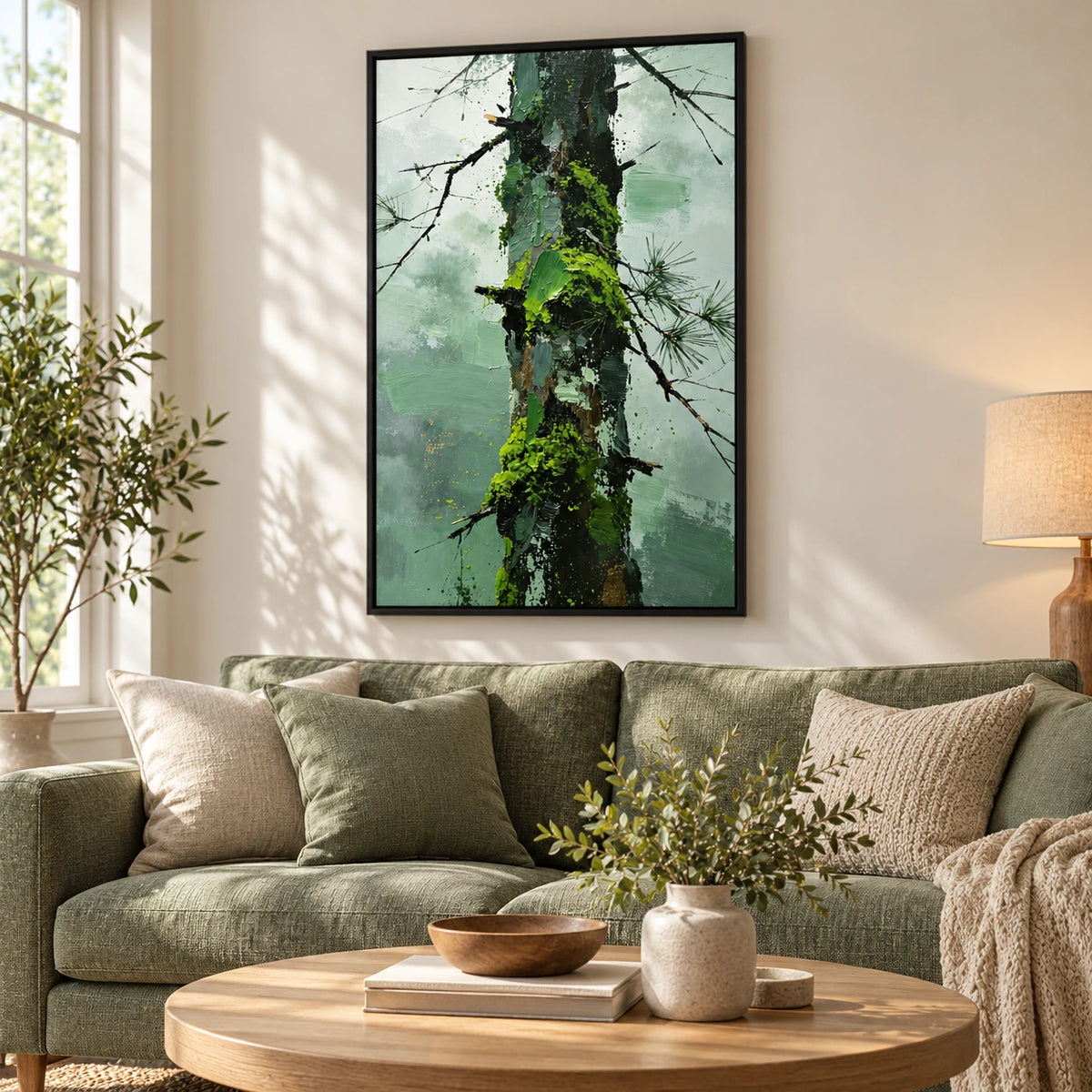 Moss Covered Pine Trunk Oil Painting | Green Bark Black Branches and Misty Sage Forest Textured Vertical Wall Art #OA 1722
