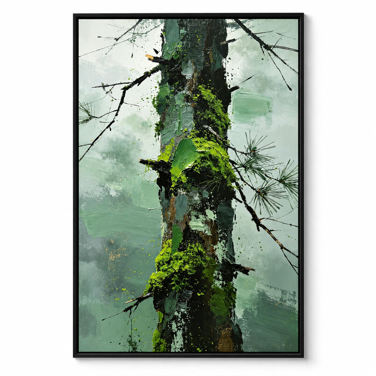 Moss Covered Pine Trunk Oil Painting | Green Bark Black Branches and Misty Sage Forest Textured Vertical Wall Art #OA 1722