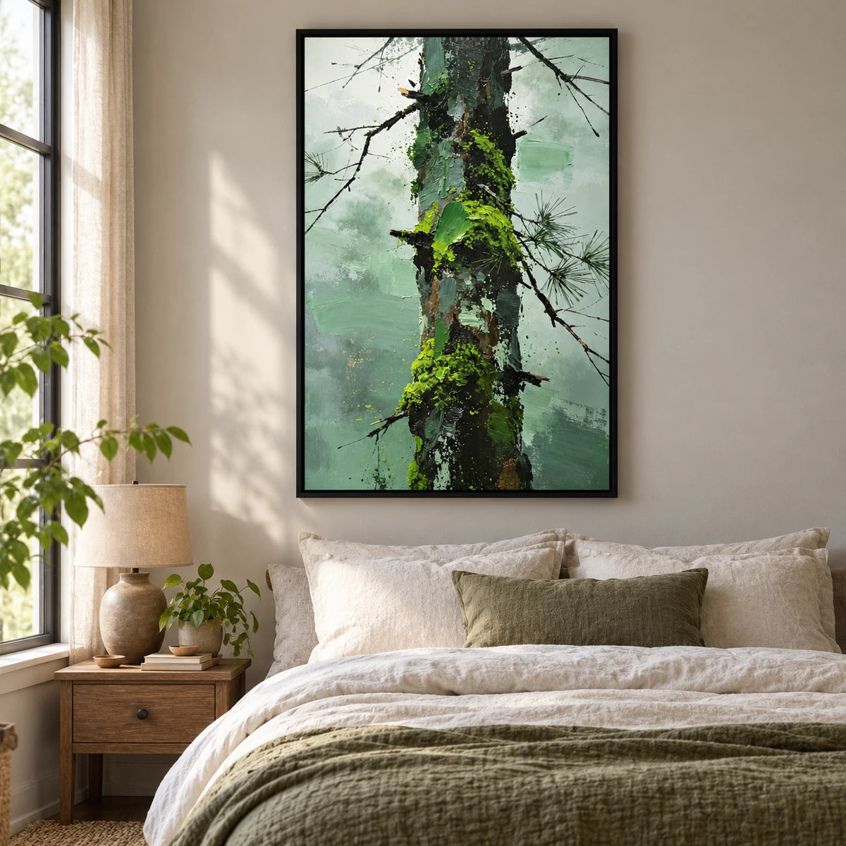 Moss Covered Pine Trunk Oil Painting | Green Bark Black Branches and Misty Sage Forest Textured Vertical Wall Art #OA 1722