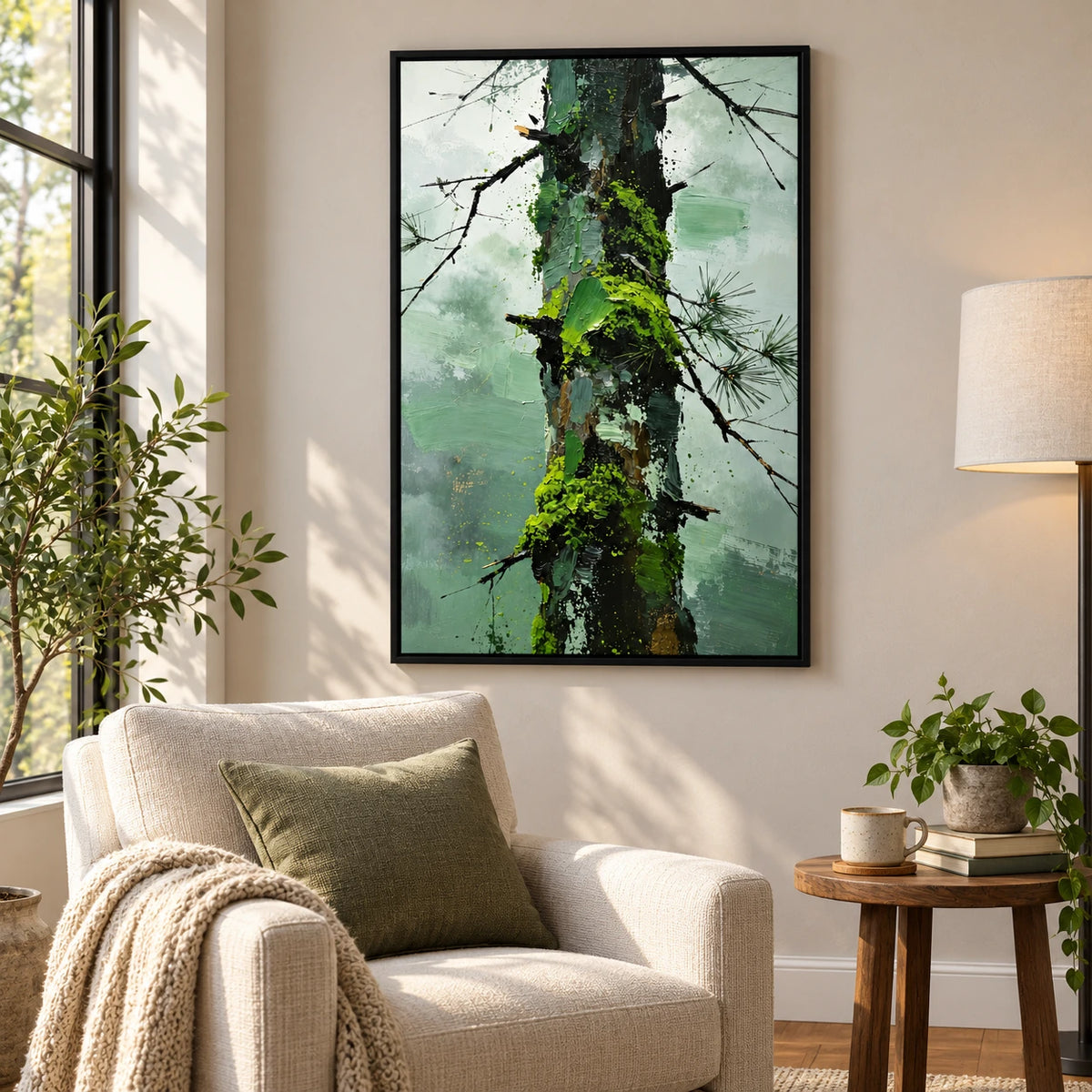 Moss Covered Pine Trunk Oil Painting | Green Bark Black Branches and Misty Sage Forest Textured Vertical Wall Art #OA 1722