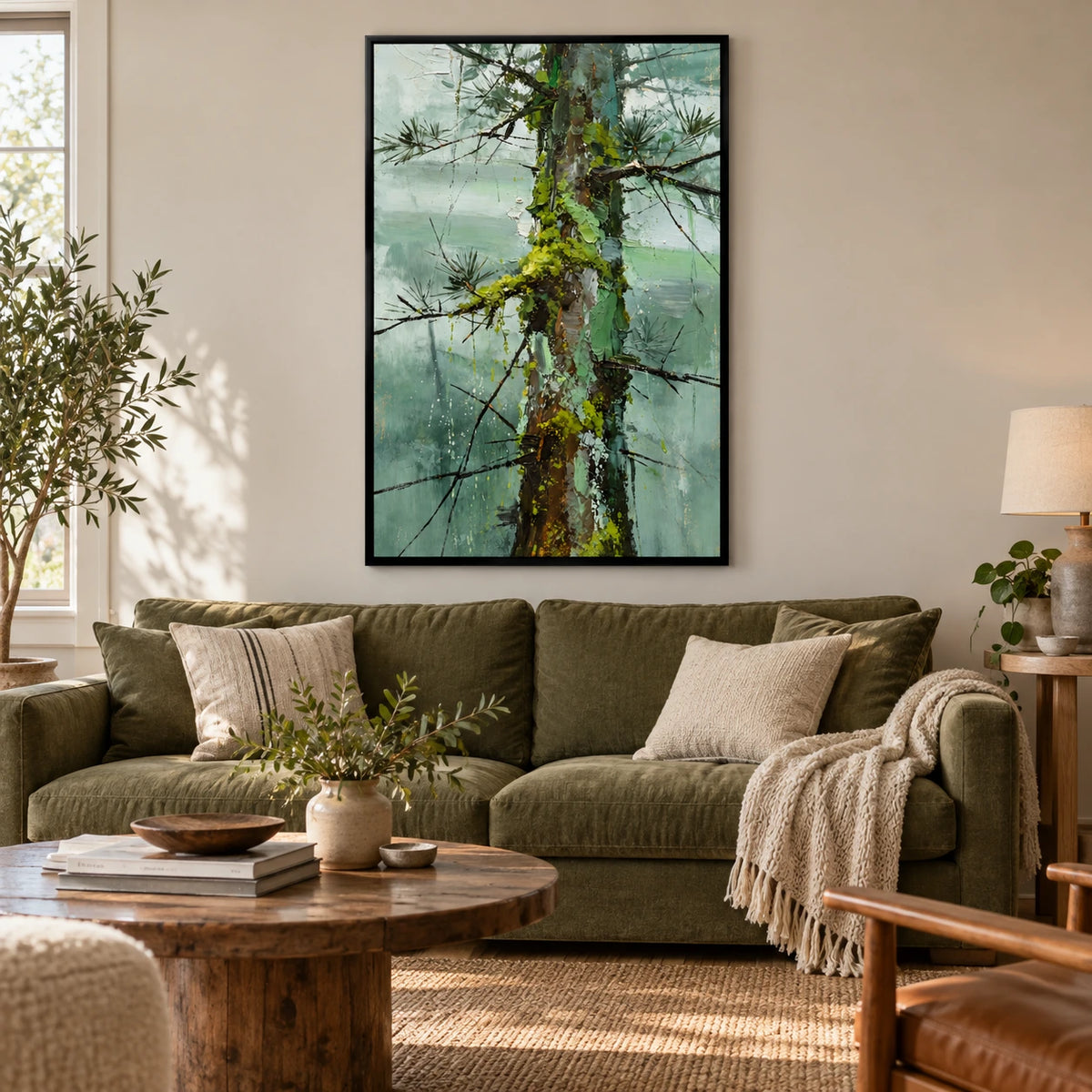 Mossy Pine Tree Trunk Oil Painting | Sage Green Forest Black Branches and Textured Bark Vertical Nature Wall Art OA 1743