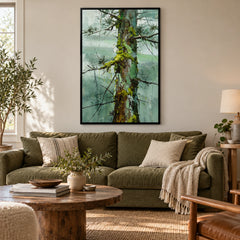 Mossy Pine Tree Trunk Oil Painting | Sage Green Forest Black Branches and Textured Bark Vertical Nature Wall Art #OA 1743