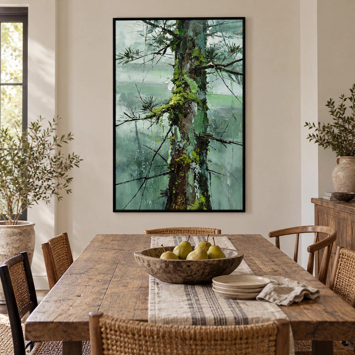 Mossy Pine Tree Trunk Oil Painting | Sage Green Forest Black Branches and Textured Bark Vertical Nature Wall Art OA 1743