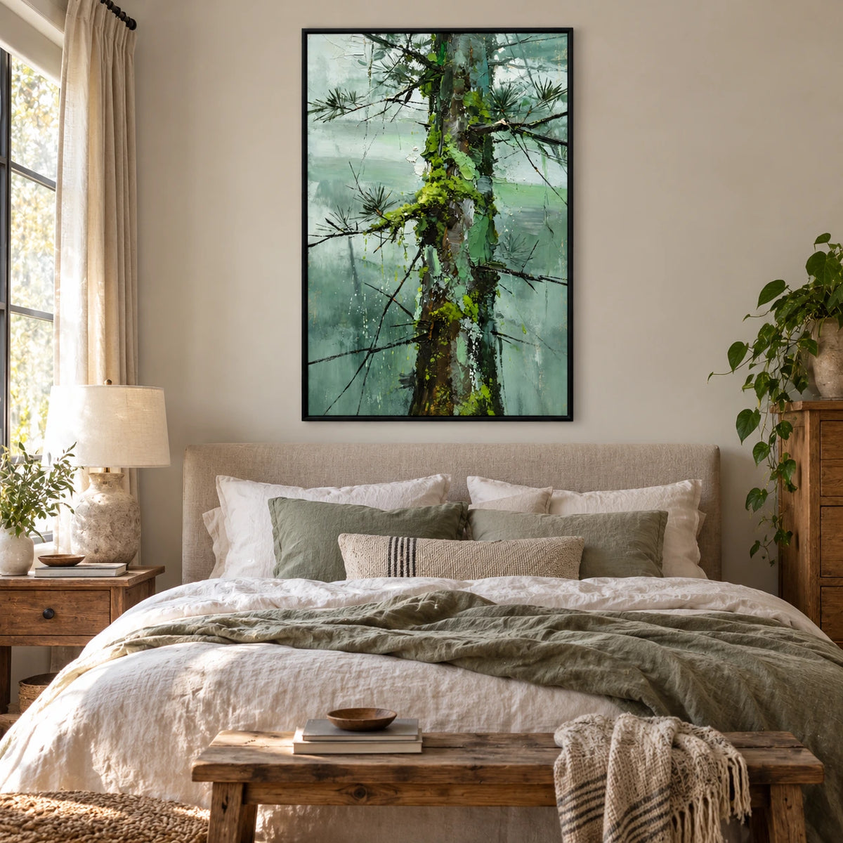 Mossy Pine Tree Trunk Oil Painting | Sage Green Forest Black Branches and Textured Bark Vertical Nature Wall Art OA 1743