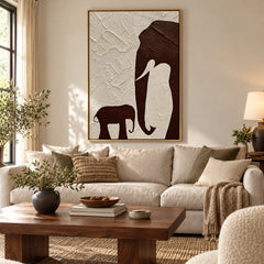 Mother and Baby Elephant Oil Painting | Brown Silhouettes on Ivory Textured Vertical Minimalist Animal Wall Art #OA 1791