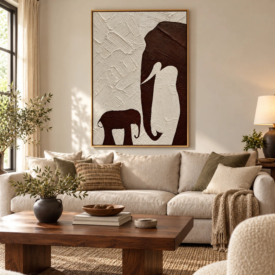 Mother and Baby Elephant Oil Painting | Brown Silhouettes on Ivory Textured Vertical Minimalist Animal Wall Art #OA 1791
