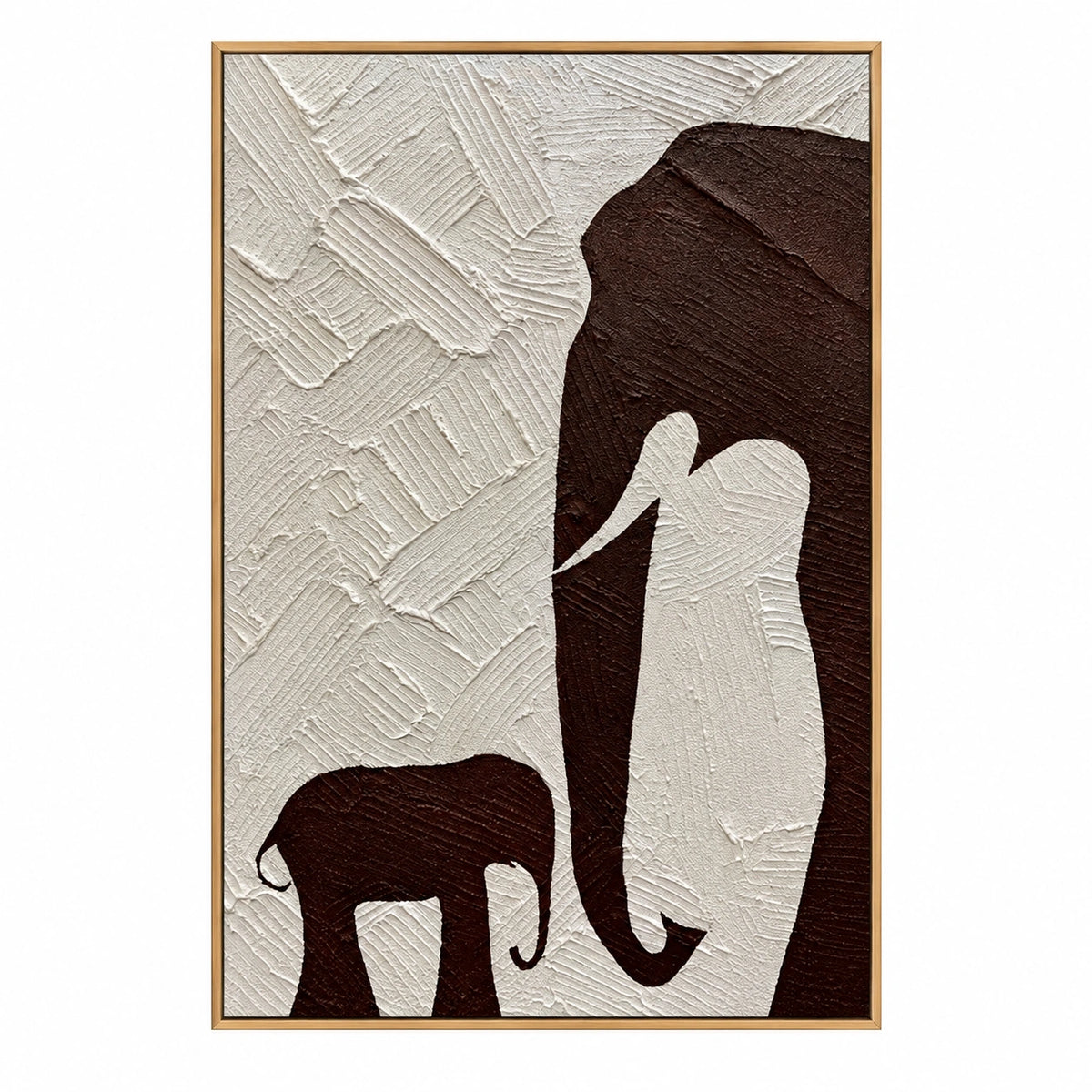 Mother and Baby Elephant Oil Painting | Brown Silhouettes on Ivory Textured Vertical Minimalist Animal Wall Art OA 1791