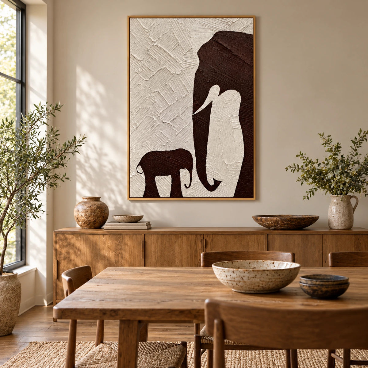 Mother and Baby Elephant Oil Painting | Brown Silhouettes on Ivory Textured Vertical Minimalist Animal Wall Art OA 1791