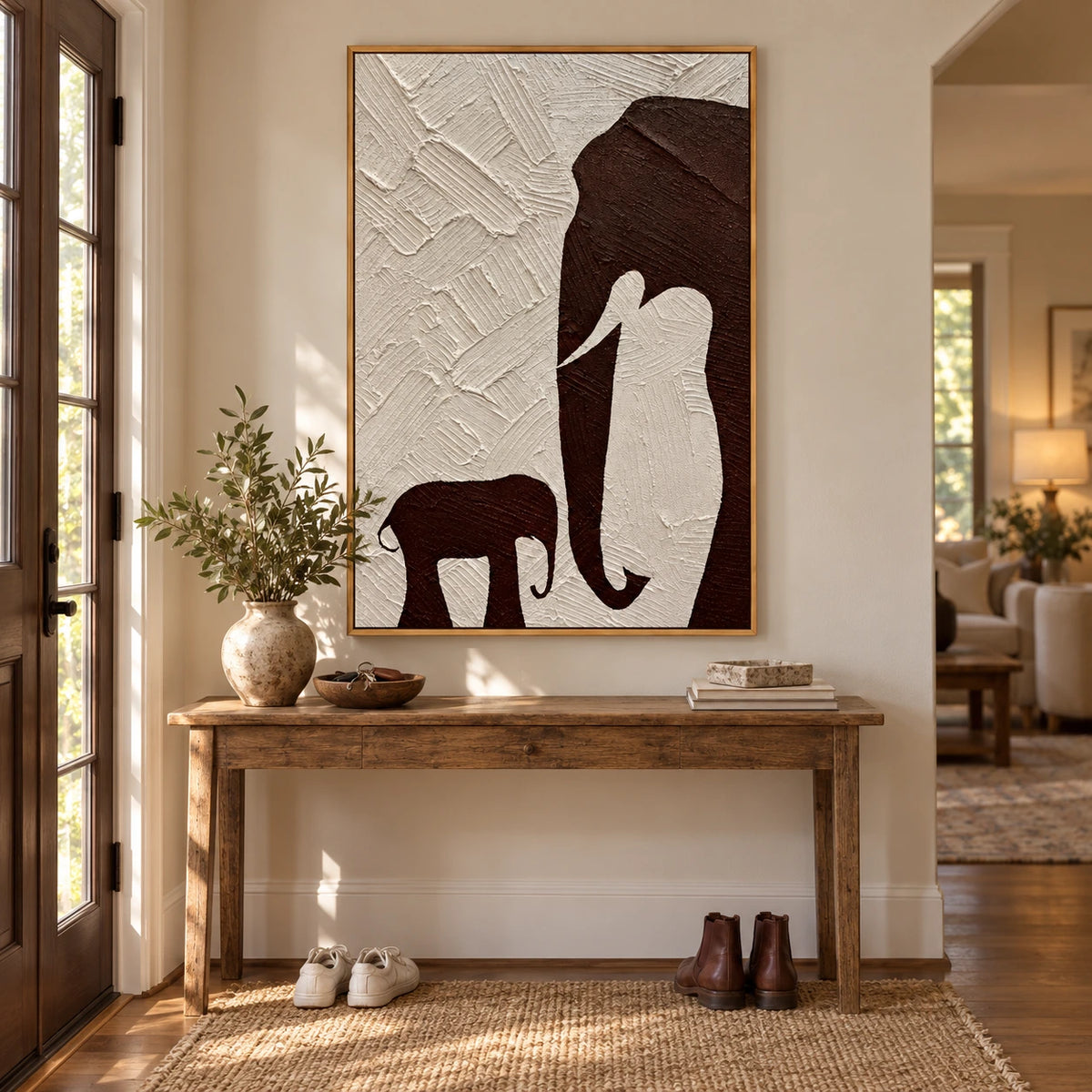 Mother and Baby Elephant Oil Painting | Brown Silhouettes on Ivory Textured Vertical Minimalist Animal Wall Art OA 1791