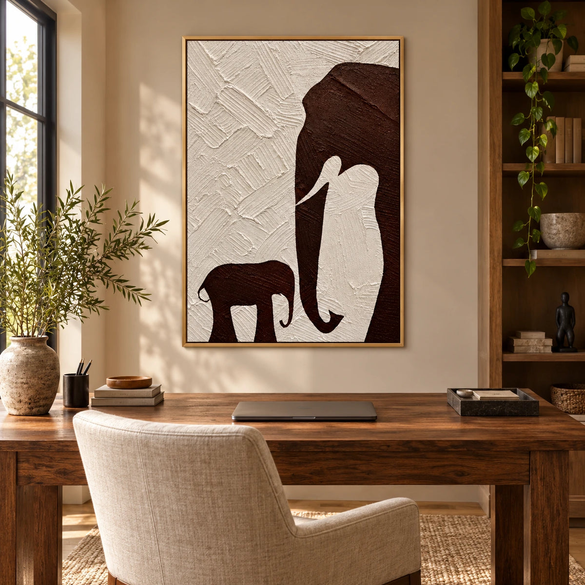 Mother and Baby Elephant Oil Painting | Brown Silhouettes on Ivory Textured Vertical Minimalist Animal Wall Art OA 1791