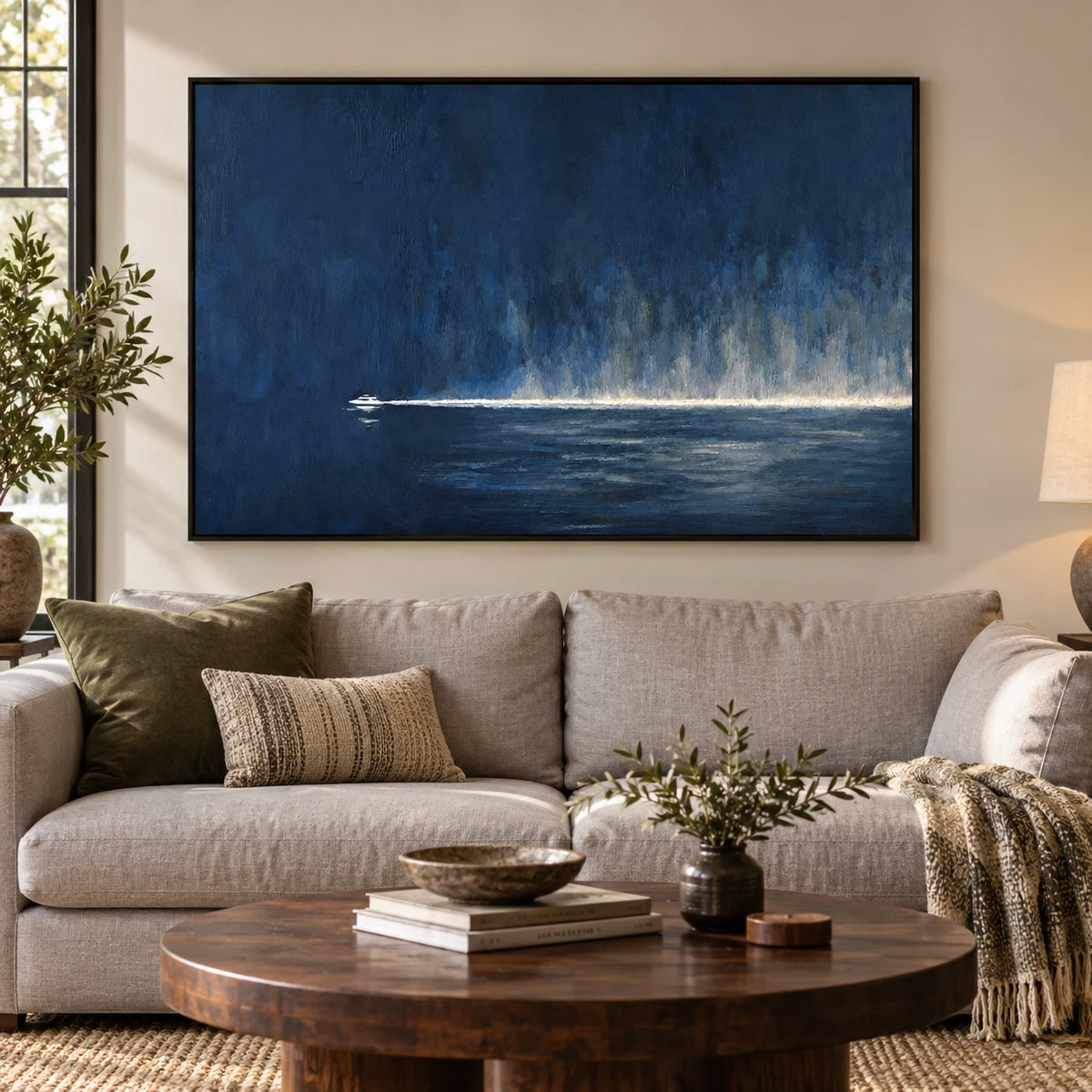 Navy Blue Boat Oil Painting | Small White Vessel and Luminous Horizon Horizontal Moody Seascape Wall Art #OA 1818