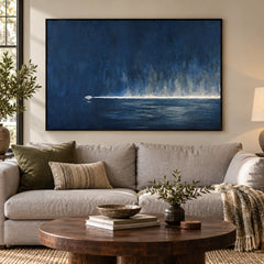 Navy Blue Boat Oil Painting | Small White Vessel and Luminous Horizon Horizontal Moody Seascape Wall Art #OA 1818