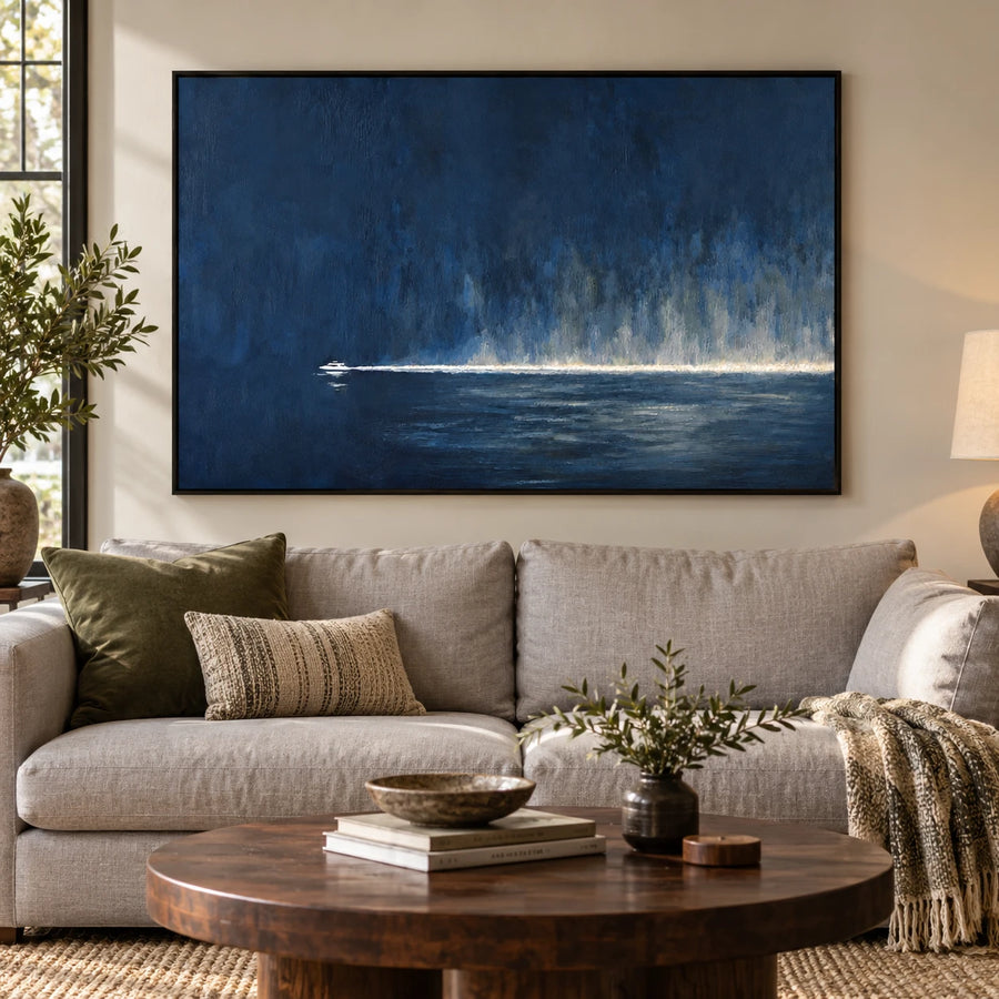 Navy Blue Boat Oil Painting | Small White Vessel and Luminous Horizon Horizontal Moody Seascape Wall Art #OA 1818