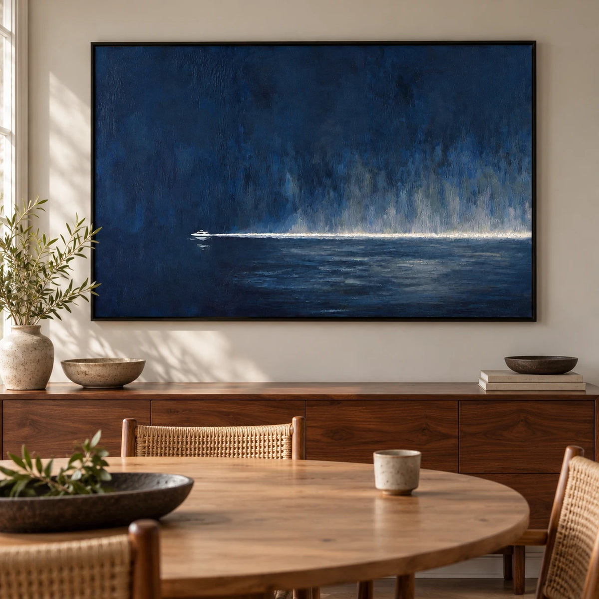 Navy Blue Boat Oil Painting | Small White Vessel and Luminous Horizon Horizontal Moody Seascape Wall Art #OA 1818