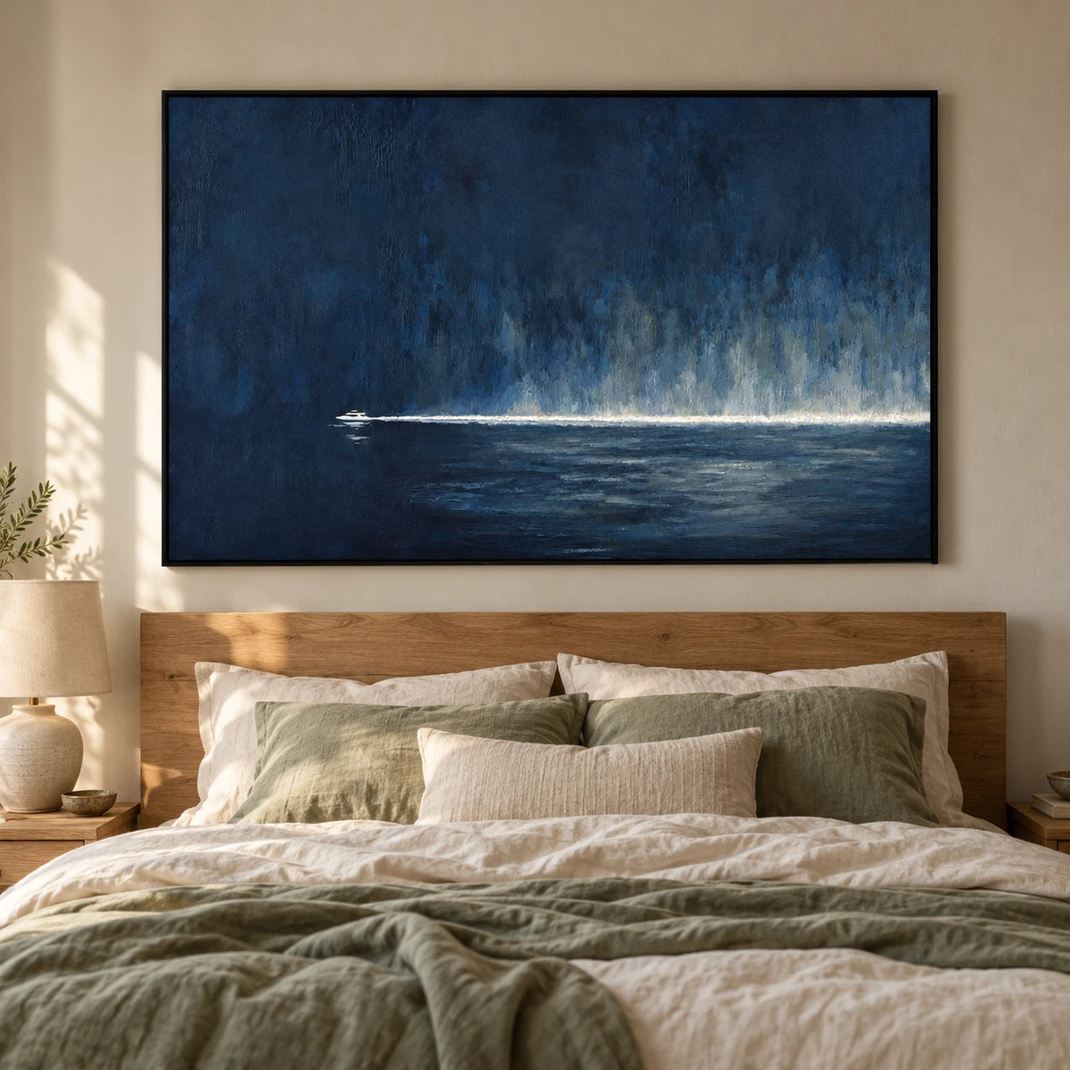 Navy Blue Boat Oil Painting | Small White Vessel and Luminous Horizon Horizontal Moody Seascape Wall Art #OA 1818