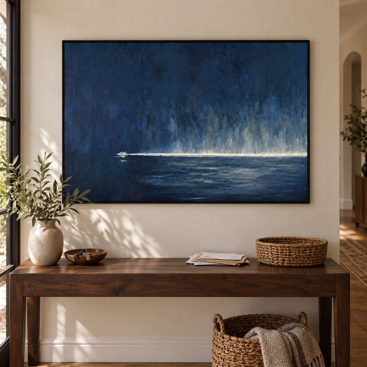 Navy Blue Boat Oil Painting | Small White Vessel and Luminous Horizon Horizontal Moody Seascape Wall Art #OA 1818