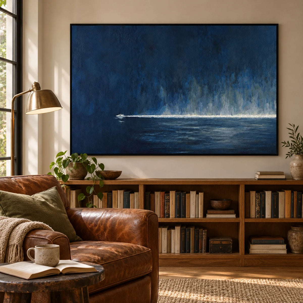 Navy Blue Boat Oil Painting | Small White Vessel and Luminous Horizon Horizontal Moody Seascape Wall Art #OA 1818