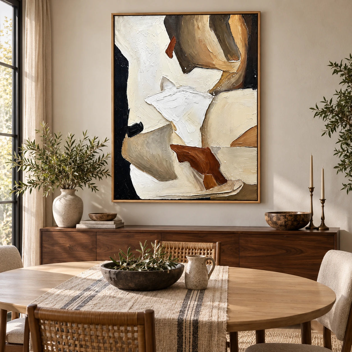Neutral Abstract Horses Oil Painting | Ivory Brown and Black Textured Equestrian Vertical Wall Art OA 1679
