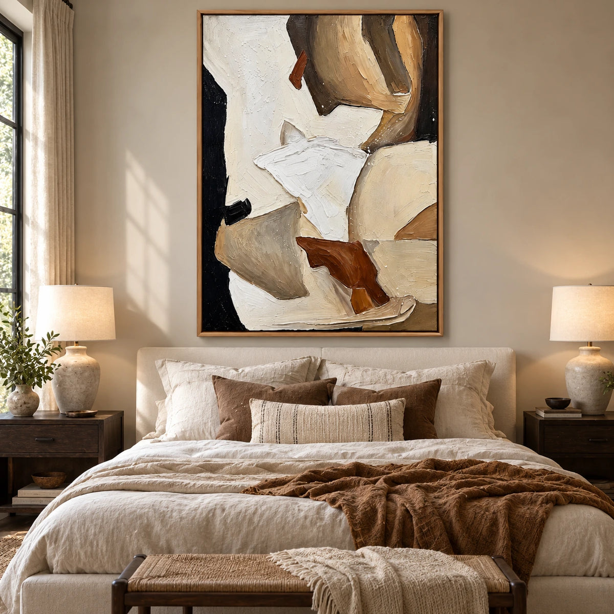 Neutral Abstract Horses Oil Painting | Ivory Brown and Black Textured Equestrian Vertical Wall Art OA 1679