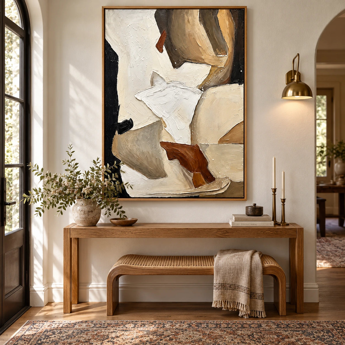 Neutral Abstract Horses Oil Painting | Ivory Brown and Black Textured Equestrian Vertical Wall Art OA 1679