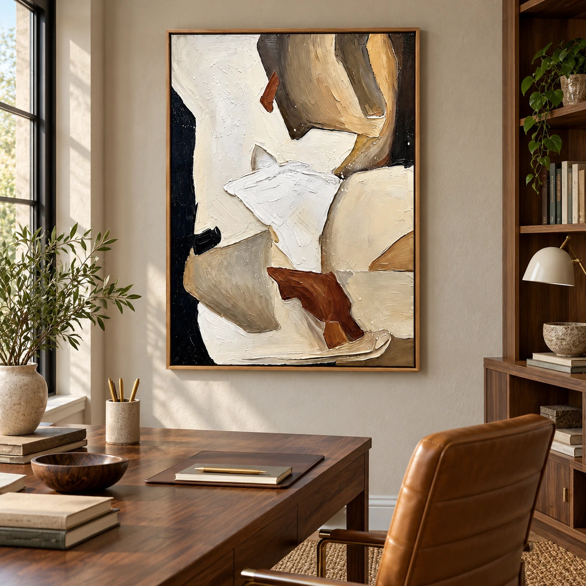 Neutral Abstract Horses Oil Painting | Ivory Brown and Black Textured Equestrian Vertical Wall Art OA 1679