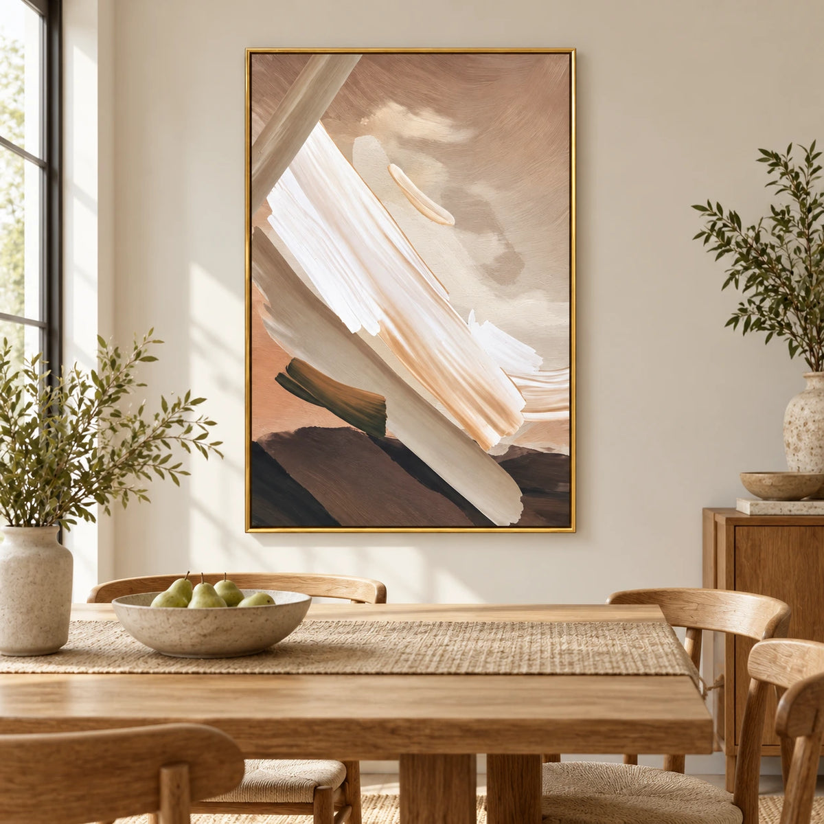 Neutral Diagonal Brushstrokes Oil Painting | Cream White Taupe and Peach Textured Abstract Vertical Wall Art #OA 1714