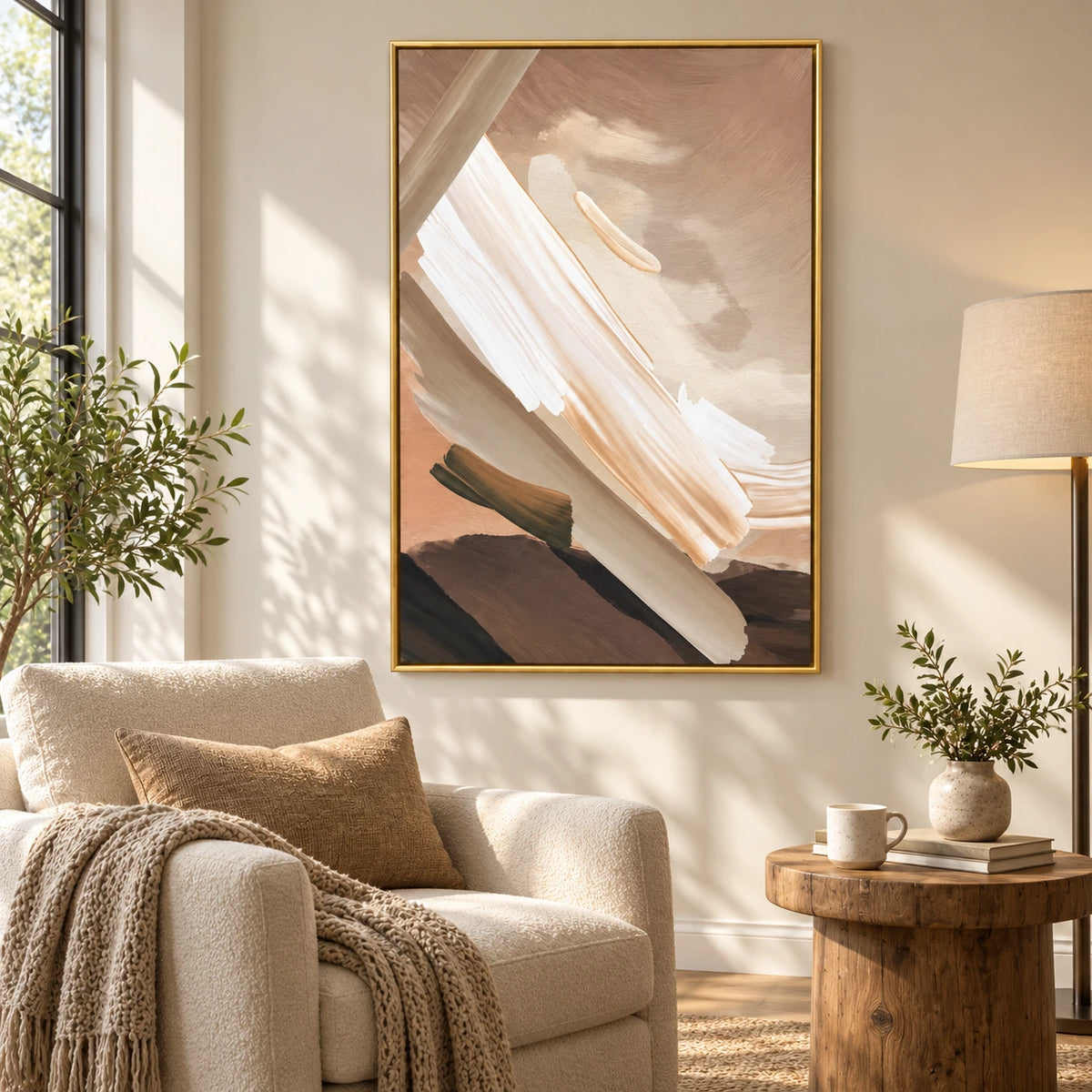 Neutral Diagonal Brushstrokes Oil Painting | Cream White Taupe and Peach Textured Abstract Vertical Wall Art #OA 1714