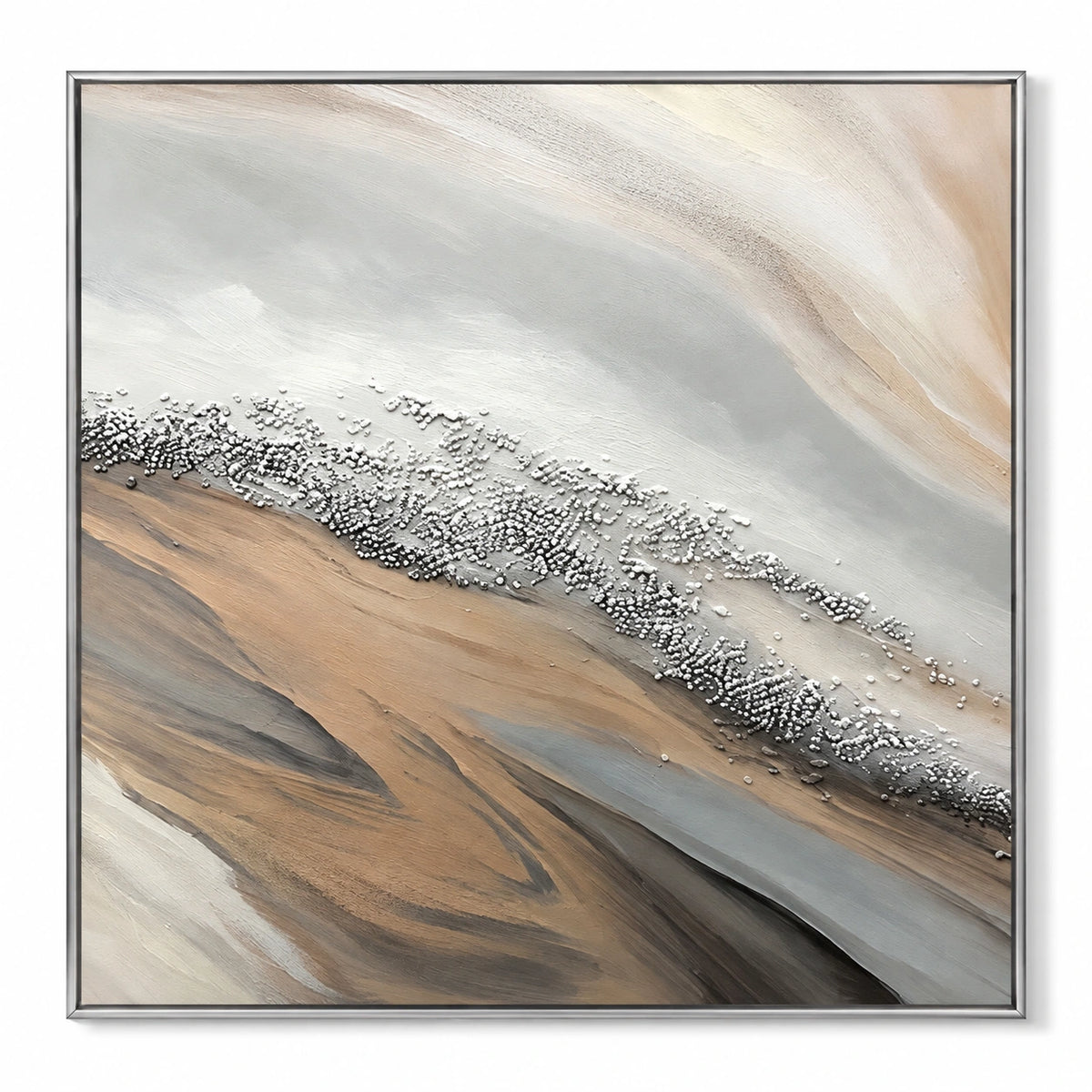 Neutral Diagonal Shoreline Oil Painting | Beige Grey White Pebble Texture and Flowing Sand Square Abstract Wall Art OA 1751