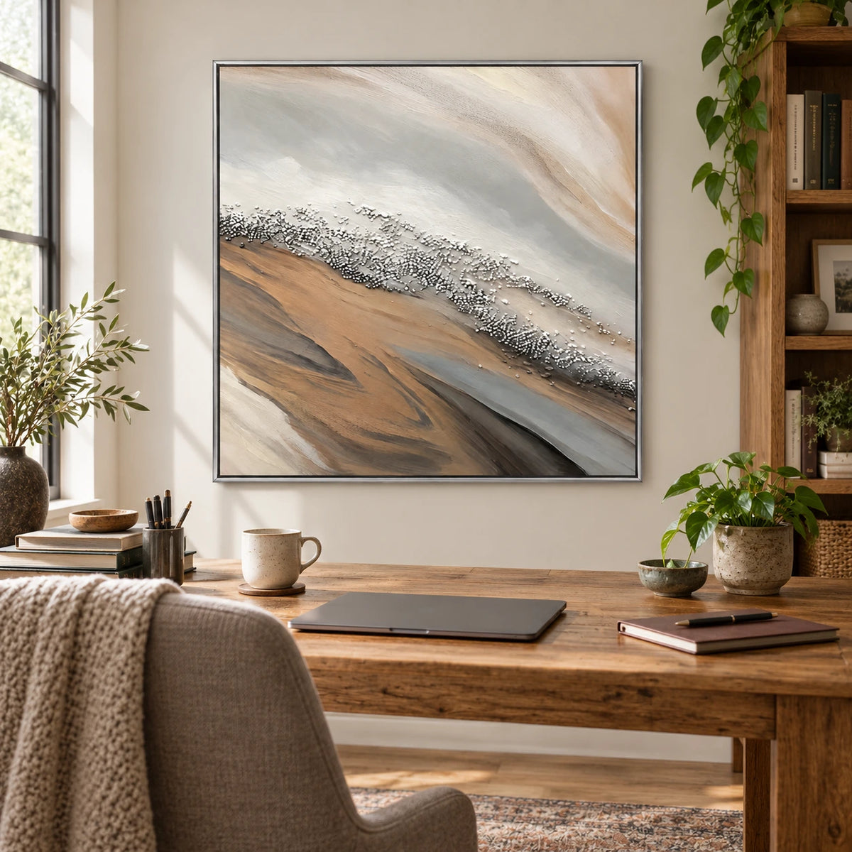 Neutral Diagonal Shoreline Oil Painting | Beige Grey White Pebble Texture and Flowing Sand Square Abstract Wall Art OA 1751