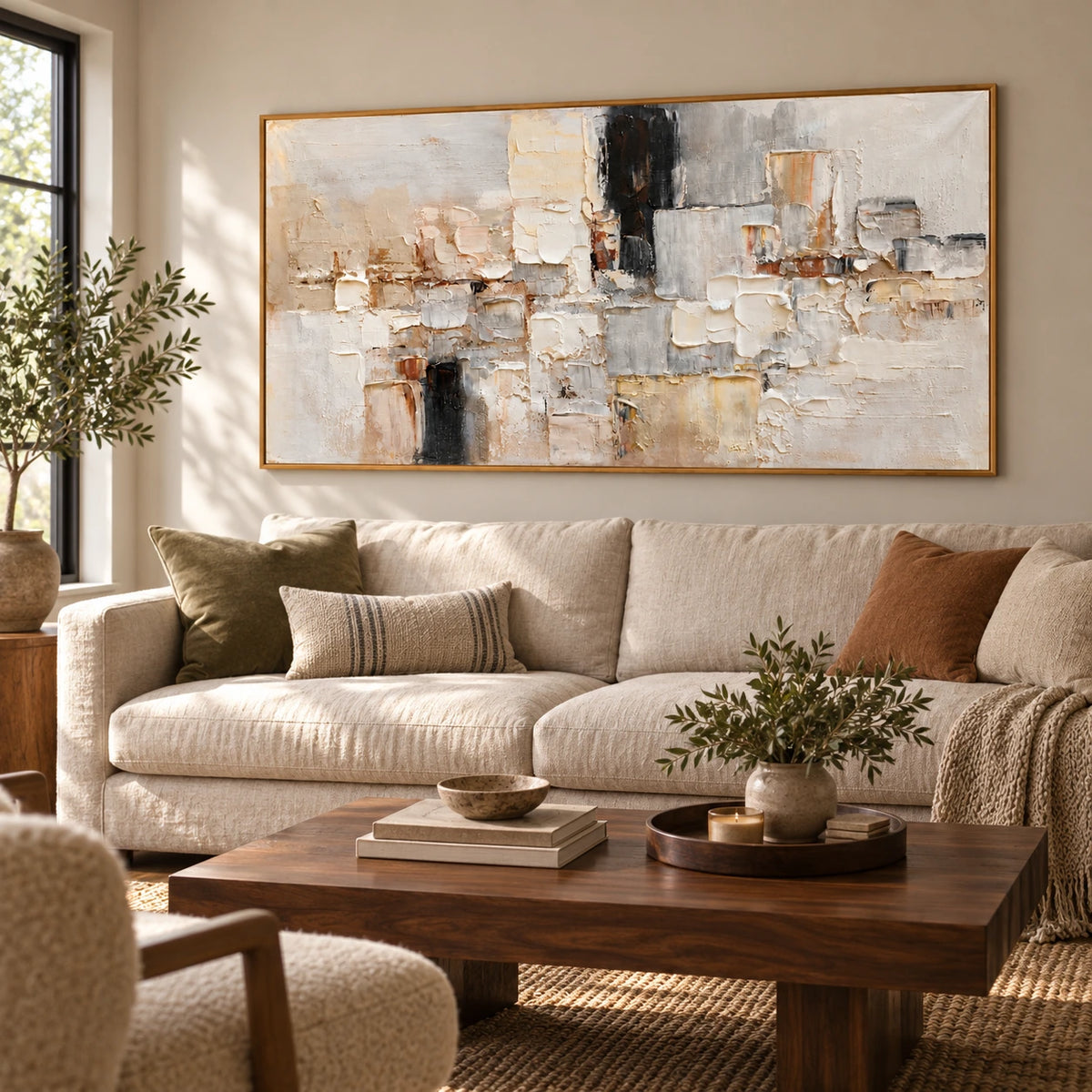 Neutral Geometric Blocks Oil Painting | White Beige Grey and Black Impasto Panoramic Abstract Wall Art OA 1781