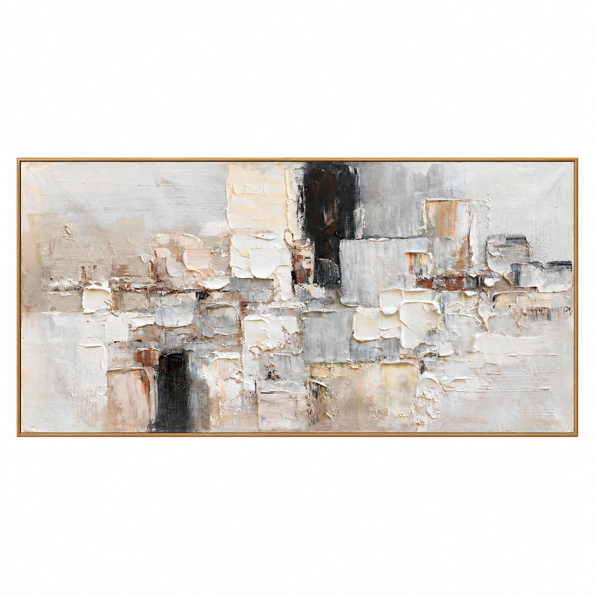 Neutral Geometric Blocks Oil Painting | White Beige Grey and Black Impasto Panoramic Abstract Wall Art OA 1781