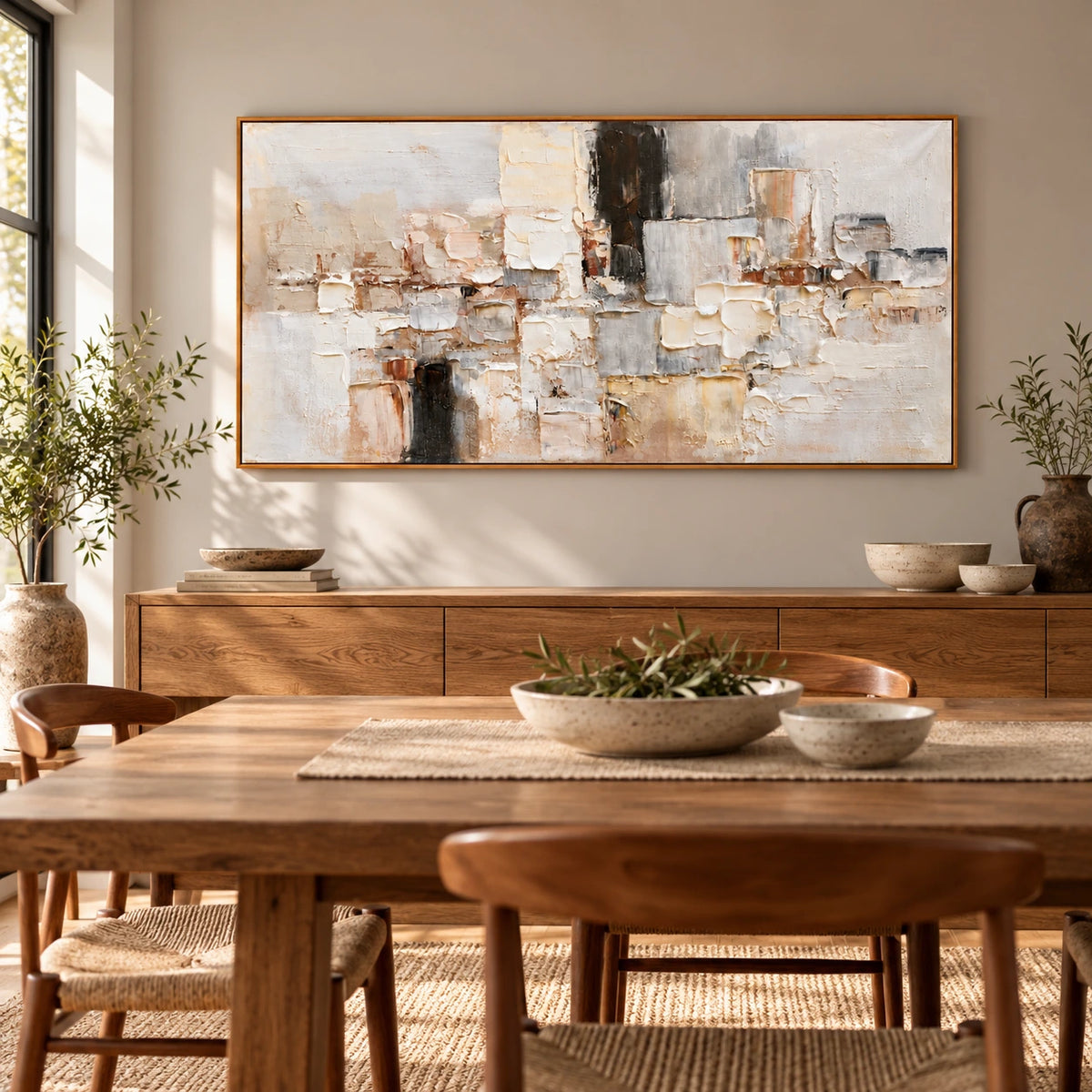 Neutral Geometric Blocks Oil Painting | White Beige Grey and Black Impasto Panoramic Abstract Wall Art OA 1781