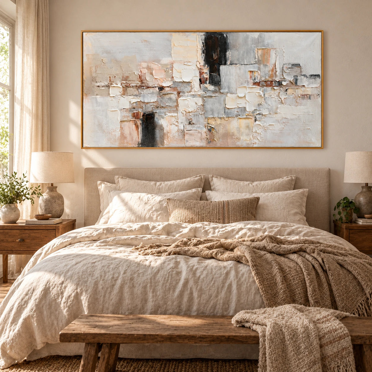 Neutral Geometric Blocks Oil Painting | White Beige Grey and Black Impasto Panoramic Abstract Wall Art OA 1781