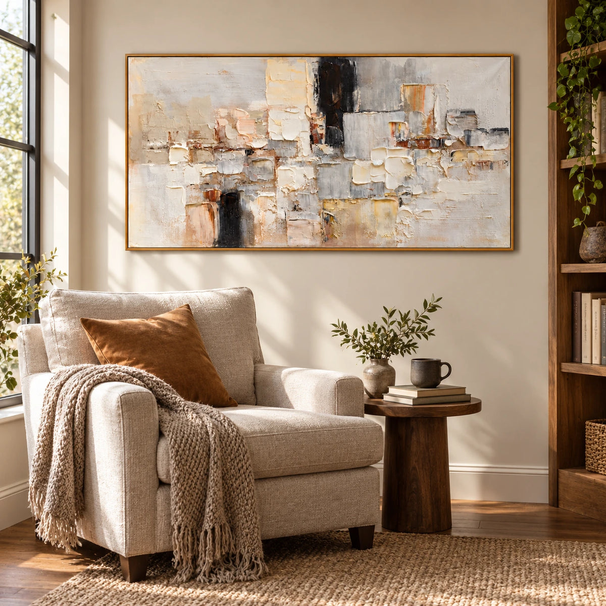 Neutral Geometric Blocks Oil Painting | White Beige Grey and Black Impasto Panoramic Abstract Wall Art OA 1781