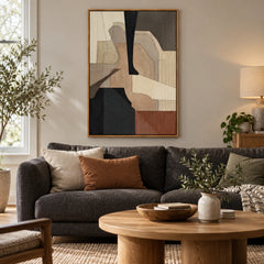 Neutral Geometric Shapes Oil Painting | Black Taupe Brown and Cream Layered Forms Vertical Abstract Wall Art #OA 1763