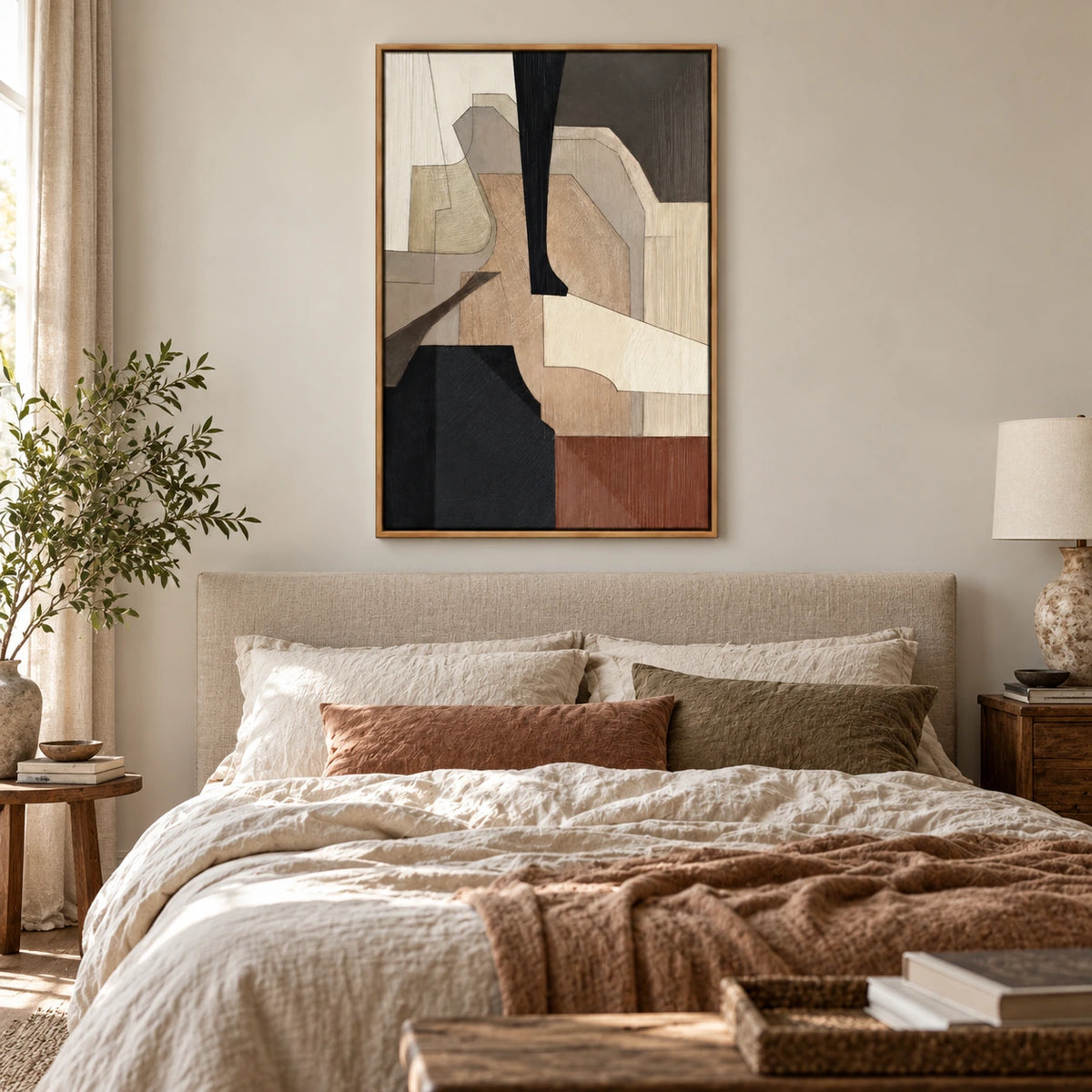 Neutral Geometric Shapes Oil Painting | Black Taupe Brown and Cream Layered Forms Vertical Abstract Wall Art OA 1763
